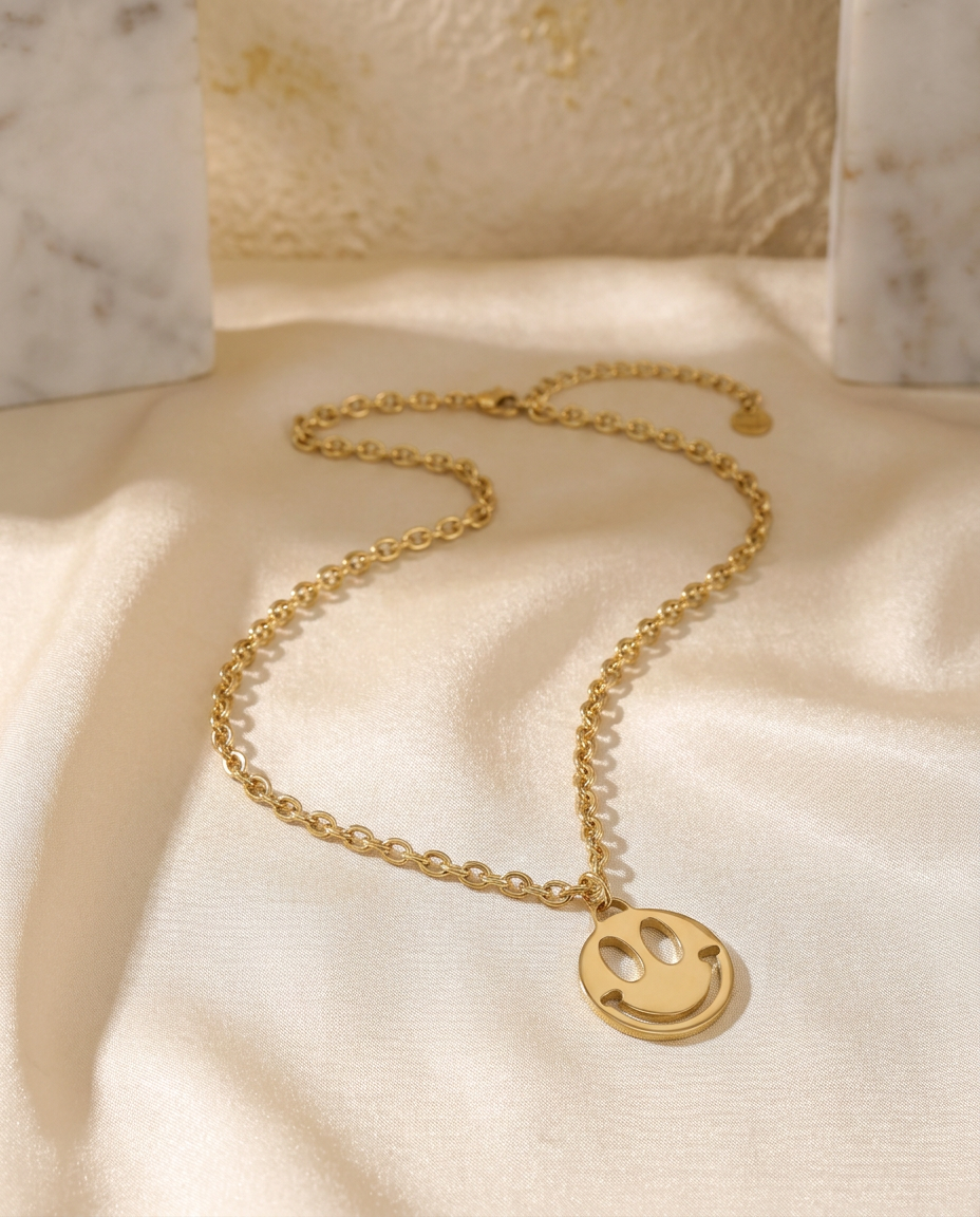 Smiley ketting goud – stainless steel